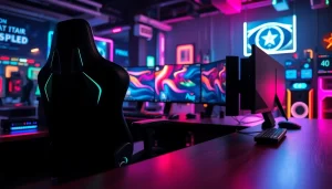 Pemain bersiap untuk slot depo 1k dengan setup gaming canggih dan pencahayaan dramatis.