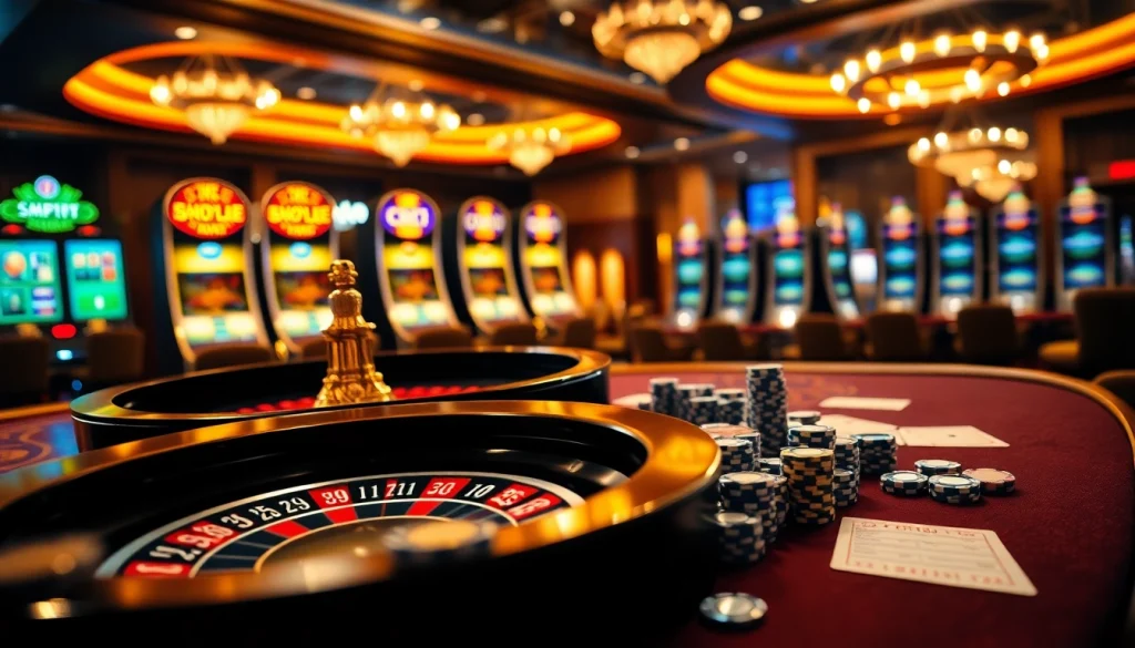 Engage with link alternatif sbobet at a vibrant casino scene featuring roulette and poker.