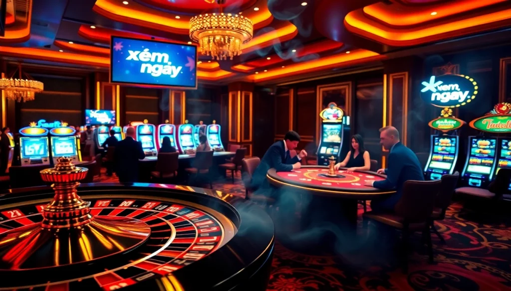 Exciting casino scene with players gambling, xem ngay offers a thrilling experience with luxurious ambiance.