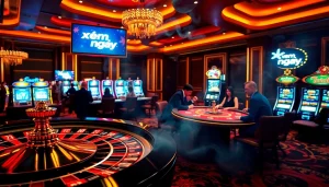 Exciting casino scene with players gambling, xem ngay offers a thrilling experience with luxurious ambiance.