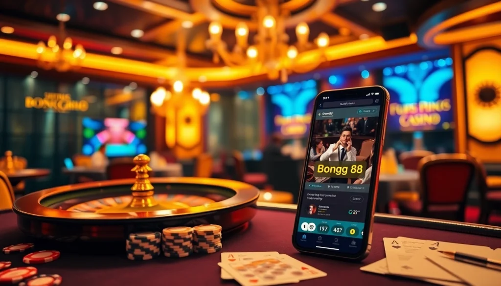 A thriving online gambling scene at bong88.casa, highlighting excitement with poker chips and a roulette wheel.