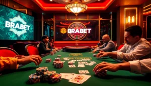 Engage in high-stakes poker at BRABET's luxurious casino, showcasing vibrant poker chips and cards.