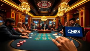 Engaging gamblers at a luxurious casino table featuring CM88 branding and vibrant poker chips.
