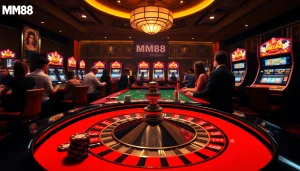 MM88 casino scene featuring a roulette table with enthusiastic players and elegant decor.