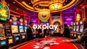 Exciting players immersed in a casino experience with oxplay gaming elements, vibrant slot machines, and roulette.