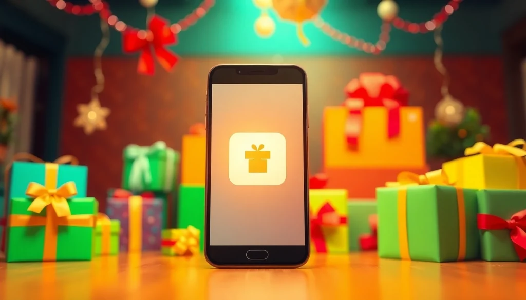 기프티콘 알림을 표시한 스마트폰과 배경의 선물 상자를 보여주는 이미지