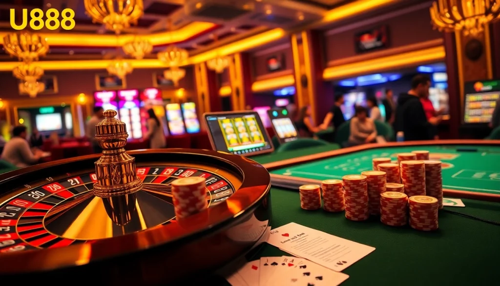 Experience the thrill of link u888 with a vibrant casino setting featuring roulette and poker.