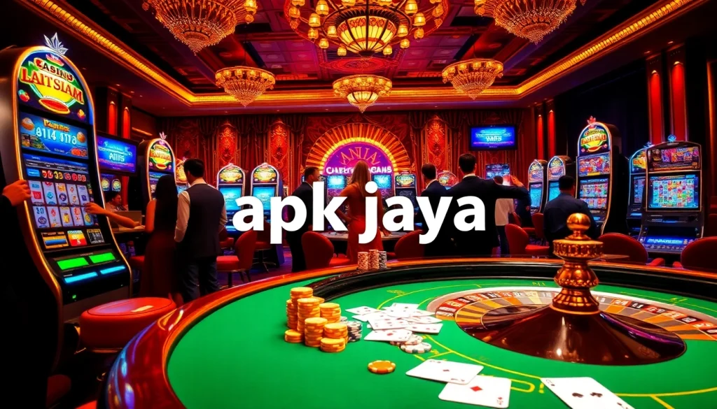 Engaging players in a vibrant casino scene showcasing apk jaya slot machines and roulette.
