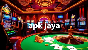 Engaging players in a vibrant casino scene showcasing apk jaya slot machines and roulette.