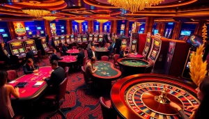 Experience the thrill of gilajp in a luxurious casino with vibrant tables and slot machines.