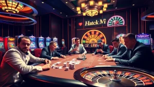 Para pemain fokus pada permainan poker di kasino mewah, merayakan kemenangan Datuk Win dengan antusias.