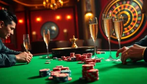 Engage in thrilling poker action at https://okwin68.net/ with a luxurious casino backdrop.