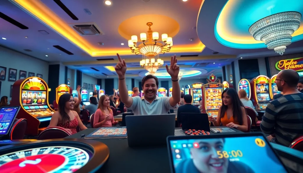 Excited players engaging with the 58ee online casino platform, showcasing diverse gaming options and a modern atmosphere.