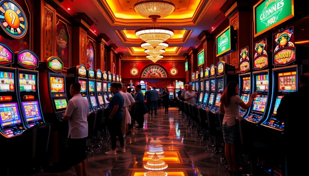 Excited players spinning SLOT machines in a luxurious casino setting, celebrating their wins.