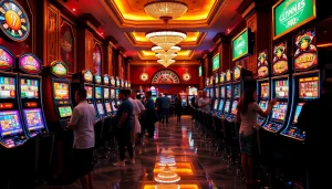 Excited players spinning SLOT machines in a luxurious casino setting, celebrating their wins.