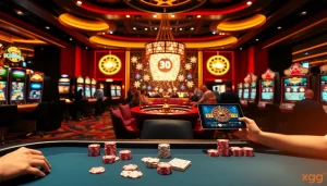 Experience exhilarating gaming action at xxgg's luxurious online casino with vibrant tables and exciting slot machines.