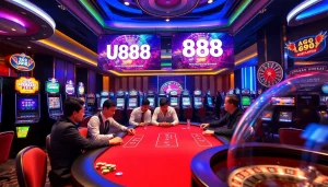 Experience the thrilling atmosphere at U888 casino with players around a poker table.