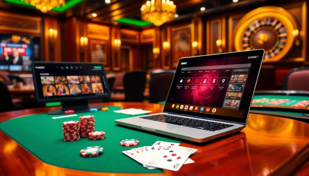 Sbobet online gambling scene with poker chips and cards in a luxurious casino atmosphere