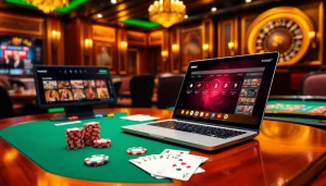 Sbobet online gambling scene with poker chips and cards in a luxurious casino atmosphere