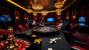 The vibrant F168COM gaming table showcases players engaging in betting, symbolizing excitement in a lavish casino.