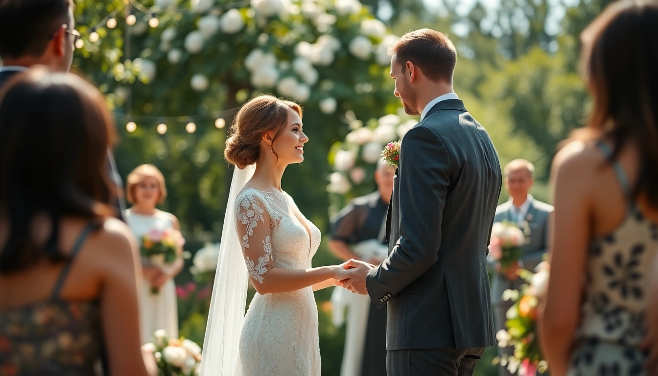 Wedding photographer capturing a couple exchanging vows in a beautiful garden.