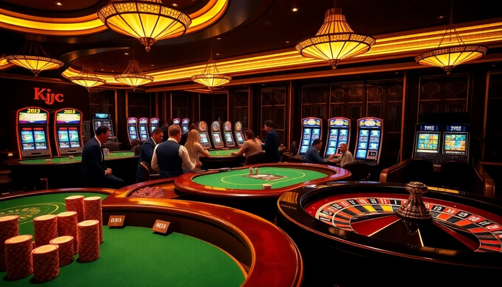 KJC casino scene with vibrant poker chips, exciting gameplay, and luxurious ambiance.