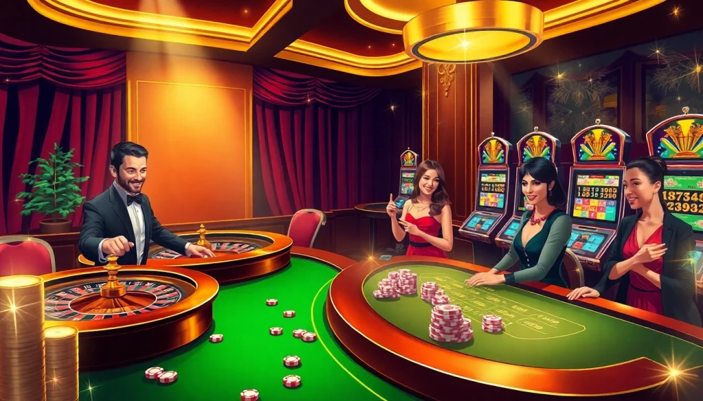 Scène excitante d'un luxueux casino en ligne mettant en avant des jetons de poker et une roue de la roulette, soulignant le frisson du jeu.