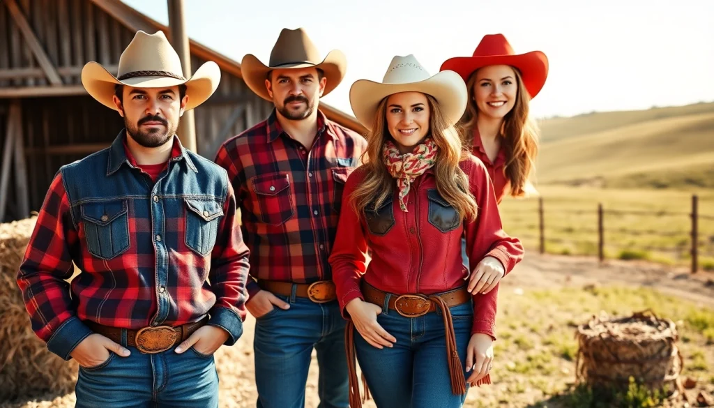 Cowboy and cowgirl showcasing colorful ranch wear Canada on a sunny farm.
