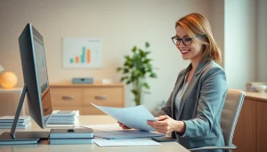 Profesjonalna księgowa Marzena Owczarzak przeglądająca dokumenty finansowe w nowoczesnym biurze, prezentująca wiedzę w zakresie Usług księgowych.