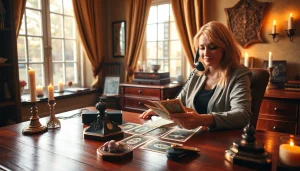 温かく居心地の良いオフィスでタロットカードを読んでいる電話占い 当たるコンサルタントのプロフェッショナルなシーン。