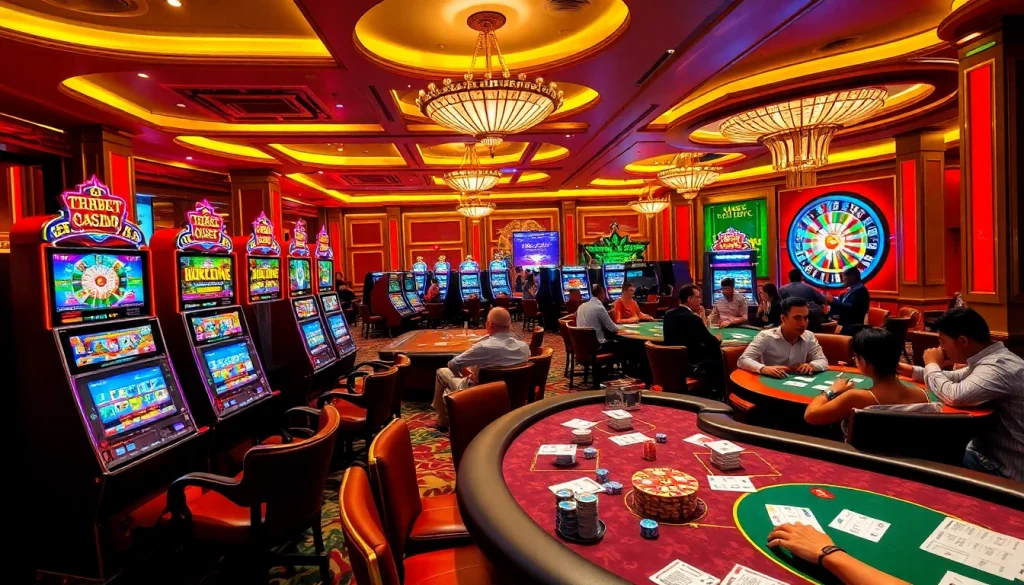 Exciting scene at Thabet Casino featuring players at poker tables and vibrant slot machines.