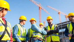 Workers demonstrating construction site safety practices with essential safety gear.