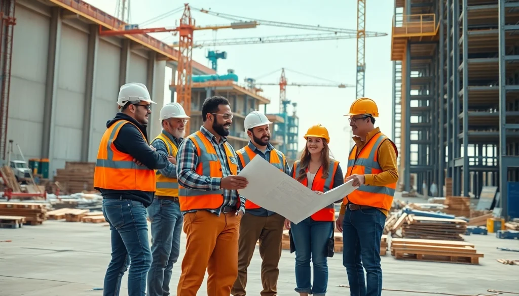 Workers of the tennessee construction association collaborating on a construction site with blueprints.
