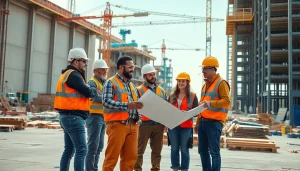 Workers of the tennessee construction association collaborating on a construction site with blueprints.