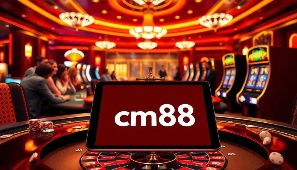 Engage with cm88 at a luxurious casino featuring roulette, vibrant slots, and excited players.