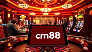 Engage with cm88 at a luxurious casino featuring roulette, vibrant slots, and excited players.