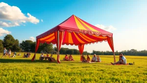 Families gathering under a colorful canopy tent in a sunny outdoor setting.