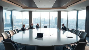 Visualizing a Luxembourg holding setup in a modern conference room with executives collaborating.