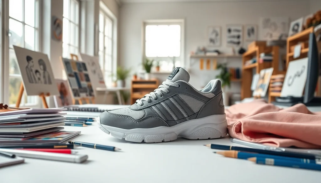 레플리카 사이트를 위한 스니커즈 전시와 도구들로 꾸며진 디자인 작업 공간