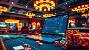 Exciting sbobet link alternatif login interface displayed on a laptop amidst a vibrant casino atmosphere.