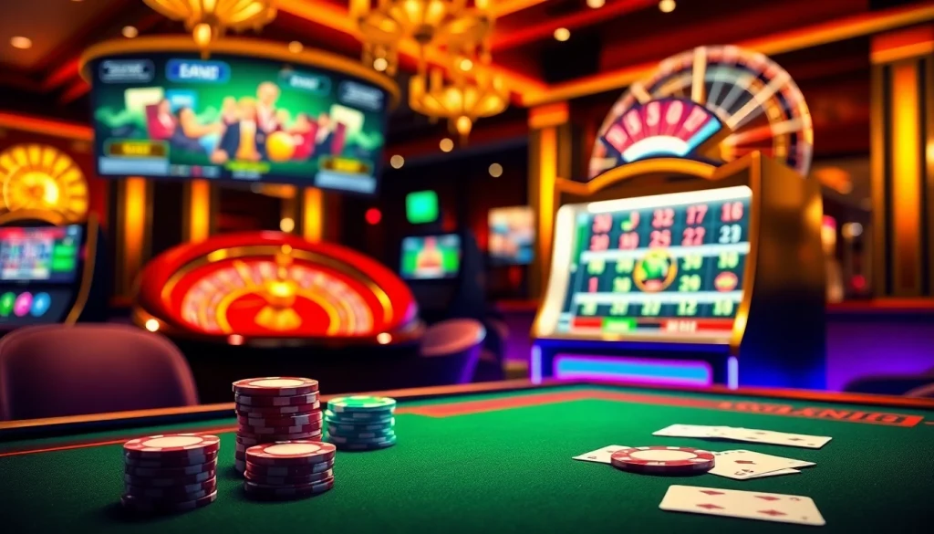 Scène de jeu excitante dans un casino en ligne luxueux avec des tables vibrantes et des machines à sous.