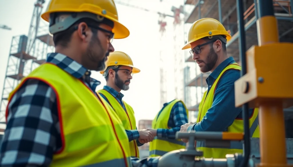 Improve construction site safety with workers inspecting equipment and safety measures.