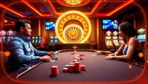 Experience the thrill of 28BET with players at a vibrant poker table amid spinning roulette and exciting slots.