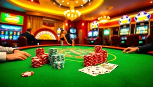 Engaging baccarat scene at casino mm88 showcasing players and vibrant casino elements.