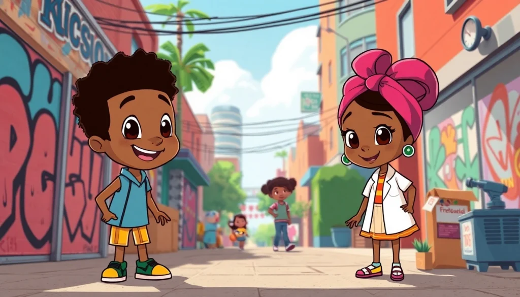 A colorful scene featuring iconic African American cartoons like The Boondocks and Doc McStuffins, reflecting diversity and creativity.