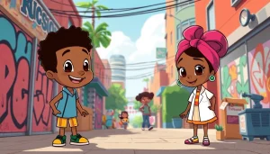 A colorful scene featuring iconic African American cartoons like The Boondocks and Doc McStuffins, reflecting diversity and creativity.