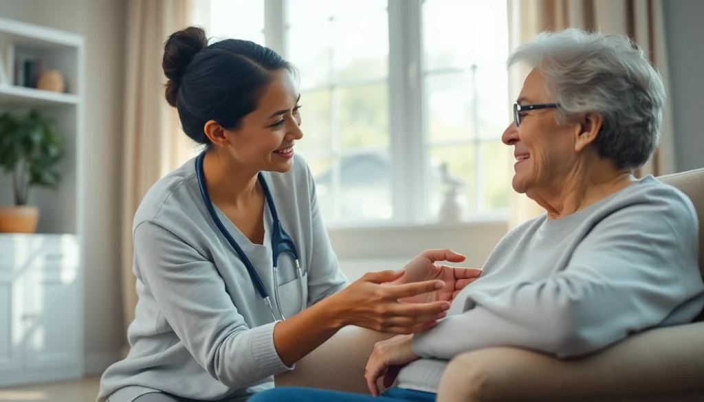 Caregiver providing respite care austin tx to an elderly client in a bright, welcoming home environment.