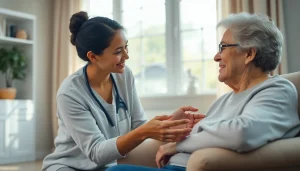 Caregiver providing respite care austin tx to an elderly client in a bright, welcoming home environment.