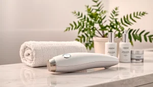 Facial whitening instrument manual displayed in a serene spa setting, emphasizing skin care and relaxation.