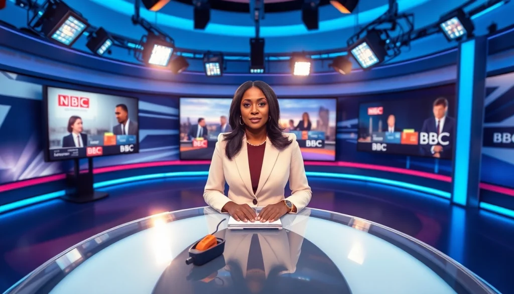 Nicola Beckford husband highlighted in a vibrant BBC news studio during a live broadcast.